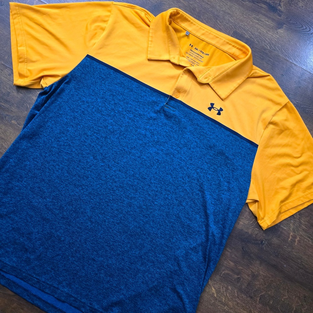 Under Armour Mens Playoff Polo Shirt XXL Yellow Blue Colorblock HeatGear Loose
